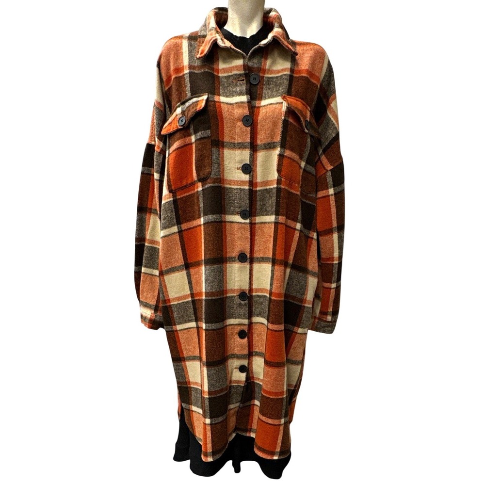 FASHION Womens Plaid Long Shacket Button Front Pockets 2XL HS-L24